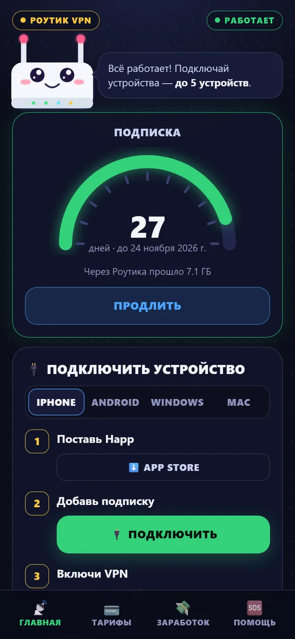 Приложение Роутика в Telegram: срок подписки и подключение устройства